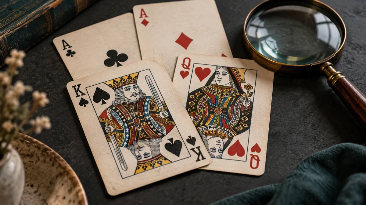 纸牌设计的图像语言 放大镜旁的花色符号与双头人物牌细节